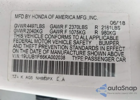 2019 Acura Tlx Tech A-Spec Pkgs из США, поврежденный, VIN 19UUB1F66KA002038